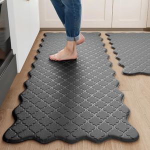 Arenarug Upgrade Scalloped Embossed Kitchen Mats for Floor 2PCS Cushioned Anti Fatigue Waterproof Foam Kitchen Rugs Non Slip Washable Comfort Standing Mat for Sink Laundry, 24"x39"+24"x59", Black