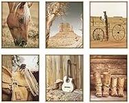 MINI ZOZI Western Wall Decor 8X10 6PCS Country Rustic Canvas Art Prints Horse Pictures Highland Cow Head Skull Longhorn Cowboy Hats Cowgirl Boots Bedroom Bathroom Nursery Teen Boy Girl Posters Picture