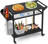 Outdoor Grill Cart, Pizza Oven Stand Table with Wheels Dining Cart Table for Outside Patio, Movable Kitchen Cooking Prep Table BBQ Cart with Mesh Racks for Home Party, Bar, Camping, Black