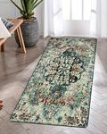 Lahome Bohemian Floral Medallion Runner Rug - 2x4 Washable Kitchen Rug Runner Soft Laundry Room Runner, Vintage Non Skid Indoor Throw Carpet Runner for Entryway Doorway Bathroom Sink, Teal