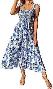 Floerns Women's Floral Print Tie Strap Square Neck Ruffle Boho Maxi Dress Blue White M