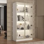 PREMTURE Glass Display Cabinet with 3 Colours Lights, Collector Sideboard with 4 Shelves, Free Standing Cabinet, Tempered Glass Doors, 80W x 40D x 160H cm (White)