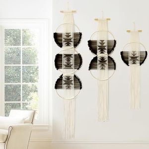Flber Macrame Wall Hanging Combination 3 Pcs Beige and Black Handmade Woven Boho Home Chic Wall Decor Geometric Art Decor Bedroom Nursery Apartment Dorm Decoration Minimalistic Neutral Wall Decor