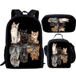 Showudesigns Cat Tiger School Backpack for Boys Kindergarten Girl Lunch Box Pencil Case Bag Kids Book Bags with Bottle Pocket Black 3 Pcs, Cat Tiger, One Size, Rucksack Backpacks
