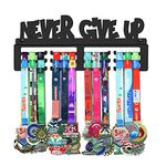 GENOVESE Never Give Up Medal Holder Display Hanger Rack Frame,Super Sturdy Black Steel Metal, Wall Mounted Over 50 Sports Medals