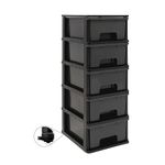 Abbaware Plastic Drawers Storage Unit, With Wheels, Storage Drawers, Tower, 5 x 17L Drawers, Black Frame/Modern Grey Draws