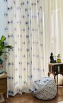 RANGBHAR Linen Textured Sheer Curtains with Eyelets, Light Filtering Curtains 7 Feet, Blue Sparrows, Door-7 Feet X 4 Feet