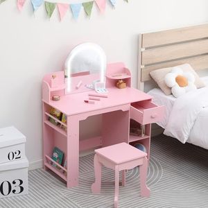 GarveeHome Kids Vanity with Lighted Mirror, 2 in 1 Little Girls Vanity Table & Stool, Kids Makeup with Bookshelf, Drawer & Open Shelves for 3-9 Yrs Girls, Pink
