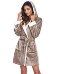 Hotouch Plush Robe for Women Short Soft Hooded Fluffy Robe Long Sleeve Knee Length Sherpa Robes Khaki S