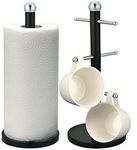 Royal Cuisine Kitchen Roll Paper Towel Stand Pole Holder and 6 Cup Mug Tree Set with Weighted Anti-Slip Base Stainless Steel (Black)