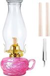 Rustic Oil Lamp for Indoor Use,Large Kerosene Lamp with Handle,2 Pcs Wicks and 1 Tweezers,Vintage Glass Hurricane Lamp for Home Emergency Lighting (Pink)