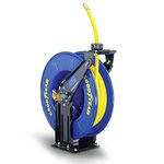 GOODYEAR Air/Water Hose Reel Retractable Spring Driven 3/8" Inch x 50' Feet Long Premium Commercial SBR Hose Max 300 Psi Reinforced Steel Construction Heavy Duty Industrial Dual Arm & Pedestal