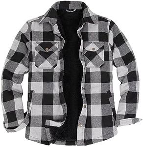 ZENTHACE Mens Plaid Flannel Shacket Jacket Sherpa Fleece Lined Cpo Sanp Button Down Flannel Work Shirt Long Sleeved Grey XL