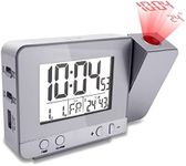 Jhua Digital Projection Alarm Clock Dimmable Alarm Clock with Indoor Temperature Hygrometer, USB Charger, LCD Display Dual Alarm Clocks for Bedrooms Ceiling Wall, DC & Battery Operated (Silver)