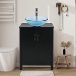 Puluomis 24 Inches Traditional Bathroom Vanity Set in Black Finish, Single Bathroom Vanity with Top and 2-Door Cabinet, Blue Glass Sink Top with Single Faucet Hole