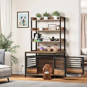 DWVO Dog Crate Furniture with Storage Shelves, Heavy Duty Dog Crate with Charging Station, 39 Inch Dog Kennel Indoor Furniture for Large Dogs, Modern Decorative Dog Crate with Double Doors, Brown