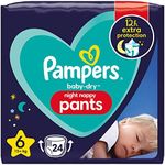 Pampers Baby-Dry Night Nappy Pants Size 6, 24 Night Nappies, 15kg+, Essential Pack, Pampers Most Absorbent Pants for Extra Night Protection