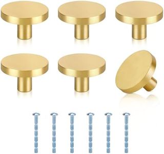 6 Pcs Solid Brass Cabinet Knobs, 1-1/4 Inches Gold Drawer Knobs Dresser Knobs with 6 Screws, Round Single Hole Drawer Pulls Kitchen Hardware for Cabinets Cupboard Shelves