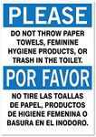 Please: Do not Throw Paper or Trash in Toilet, Bilingual Sign, 5" high x 3.5" Wide, Black/Blue on White, Self Adhesive Vinyl Sticker, Indoor and Outdoor Use, Rust Free, UV Protected, Waterproof