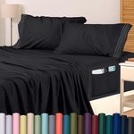 Utopia Bedding Queen Sheet Set, Soft Microfiber 4 Piece Hotel Luxury Bed Sheets with Deep Pockets - Embroidered Pillow Cases - Side Storage Pocket Fitted Sheet - Flat Sheet (Queen, Black)