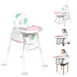 Golden Bee Deluxe 4 in 1 Convertible High Chair for Babies and Toddlers, Feeding Seat with Tray, Wheels, Safety Belt, and Cushion Seat, for Baby Boy & Girl 6 Months to 3 Years (Pink)