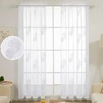 Deconovo White Net Curtains Faux Linen Leaves Embroidery Sheer Curtains Rod Pocket Voile Curtains 55 x 54 Inch(Width x Length) 2 Panels White/White 2 Panels