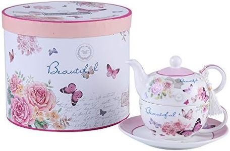 Tea for One Teapot Cup suacer Set Vintage Flora Rose Lavender Porcelain Gift Box (Butterfly Rose)