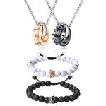 Cupimatch 2 Pairs Couple Matching Necklace Bracelets Set, Stainless Steel Adjustable King CZ Crown Ring Pendant Chain Necklace His and Hers Matte Agate Beads Relationship Bangle Jewelry