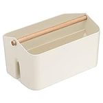 Navaris Plastic Organiser Box - Utensil Holder w/Wooden Handle and 2 Compartments - Storage Container for Bathroom Bedroom Kitchen - Cream, Medium