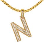 Iced out Initial N Necklace For Men&Women Capital Letter Bling CZ Big Pendant For Men&Women Hip Hop 18K Gold Plated Custom Name Personalized Jewelry for Rapper Boys 22inch Wheat Chain