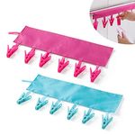 EQLEF® Clothes Line Pegs, Portable Folding Clothes Hanger Fabric Hangers Travel To Peg Six Clips on Clothesline 2 Pcs