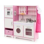 COSTWAY Kids Play Kitchen, Wooden Pretend Cooking Playset with Adjustable LED Lights, Removable Fabric Bin, Ice Maker, Refrigerator & Abundant Accessories, Toddler Chef Toy Set for Boys Girls 3+