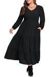 Hanna Nikole Women Plus Size Casual Dress Smocked Elastic Fall Long Sleeve Aline Flowy Maxi Tiered Black Dresses Pockets 3X