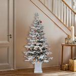 YITAHOME Potted Pre-lit Flocked Arctic Fir Pencil Tree, 4.5 ft Slim Christmas Tree with 11 Pre-Decorated Red Berries, 358 PE & PVC Mixed Branch Tips and 100 Lights for Home, Office Decoration