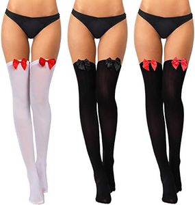 3 Pairs Women Thigh High Socks with Bow Knee Thigh Highs Stockings for Women Girls Dress Daily Summer Favors, Black With Red Bow, Black With Black Bow, White With Red Bow, Medium