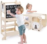 Kids Step Stool, Kitchen Stool Helper for Toddlers, Learning Wooden Tower with Chalkboard, Foldable Toddler Table and Chair Set, 2 in 1 Helper Standing Tower with Message Boards for 18M+