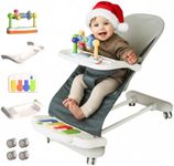 CuddoBaby Baby Bouncer 4-in-1 with Wheels, Detachable Piano, Feeding Tray, Play Bar, Thick Base. 3-Level Incline Portable Seat for Infant to Toddler 0-6, 0-12, 12-24 Months, Upto 29Lbs - Blue