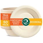 ECO SOUL [475 ML, 50-Pack Compostable Bagasse Bowls | Disposable Eco-Friendly Biodegradable Dinner Bowls | Party, Wedding, Event Bowls