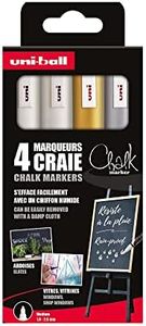 UNI-BALL Chalk Marker - Uni Mitsubishi Pencil - Marqueurs Craie PWE-5M - Marquage Éphémère, Résistant à la Pluie - Pointe Conique Medium - Emballage Zéro Plastique - Lot de 4 - Blanc X2, Or, Argent