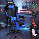 ELFORDSON Gaming Chair with 2-Point Massage Cushion, Computer Chairs for Home Office, Head Pillow High Back 150° Recliner, for Kids Adults, Blue and Black