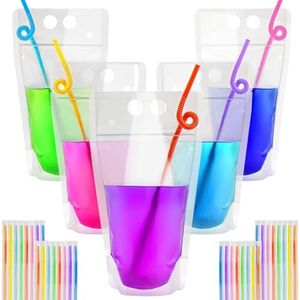 MAQIHAN 100 Drink Pouches with Straws Individually-Wrapped - 17oz Juice Drink Pouches Adult Clear Plastic Halloween Blood Bag Reusable Liquid Smoothie Party Hot Weather Cooling