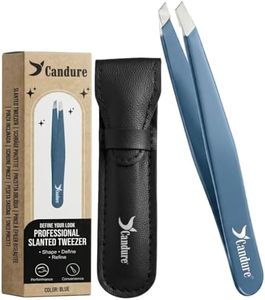 Candure Professional Slanted Tweezers for Men and Women – Precision Stainless Steel Tweezer for Brow, Chin, Facial Hair, Ingrown Hair & Plucking with Leather Pouch (Blue)