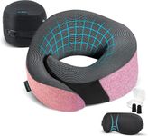 Proglobe Pink Airplane Travel Pillow Set, 100% Pure Memory Foam Neck Pillow, Updated Material, Long Haul Travel Kit with 3D Contoured Eye Masks, Earplugs, and Luxury Bag