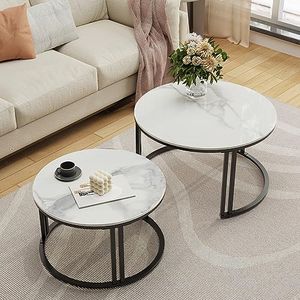 Nesting Coffee Table Sintered Stone: Set of 2 Nest Glossy White Marble Round Tables Large 70x40cm / Small 57x35cm Large Circle Nested Center Accent Table Living Room,Office, Balcony, Apartment