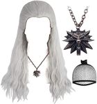 Anogol Hair Cap+(1 Necklace) Silver White Wigs Men Long Curly Silver White Wigs for Comic Con wigs with Necklace Costume Wig for Halloween for Party