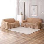 HOKIPO 280 GSM Elastic Stretchable 3 Seater & 2 Seater Turkish Bubble Frill Sofa Cover, Beige (AR-4603-B1 + AR-4604-B1)