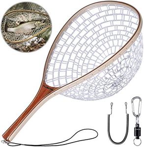 PLUSINNO Fly Fishing Net, Wooden Frame Fishing Landing Net with Magnetic Release, Soft Rubber Mesh Net for Trout Bass Catch and Release, Magnetic Fly Fishing Gear