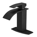 BESy Stainless Steel Black Waterfall Spout Bathroom Faucet, Single Hole Single Handle Bathroom Sink Faucet, Rv Lavatory Vanity Faucet with Deck Plate, Stainless Steel, Matte Black