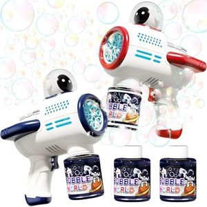 OundarM 2 PCS Space Automatic Bubble Gun Machine with Bubble Solution for Kids,10 Holes Bubble Maker with LED Light, Bubble Blower for Party Favors, Summer Toy Outdoor Indoor, Color Blue ＆ Red