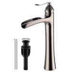 Wovier Brushed Nickel Waterfall Bathroom Sink Faucet with Pop Up Drain Assembly,Single Handle Single Hole Brass Lavatory Vanity Faucet,Basin Mixer Tap Tall Body with Supply Hose